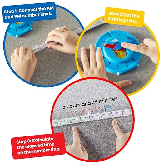 Hand2Mind Advanced NumberLine Teaching Clock - Telling Time & Elapsed Time Learning for Kids, Set of 6