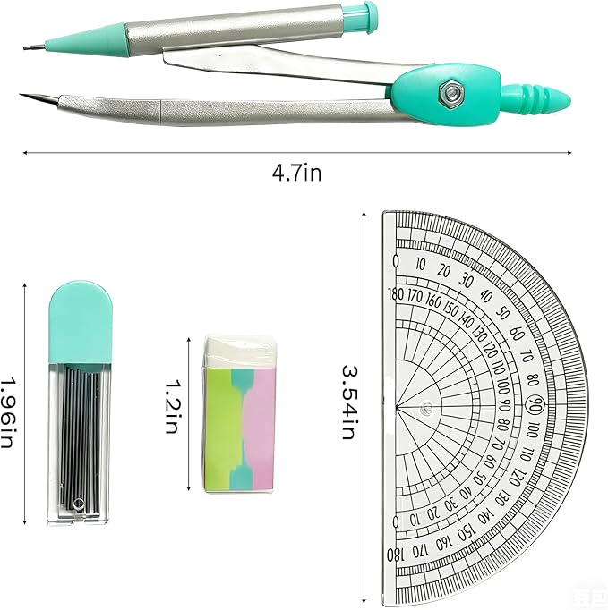 Protractor and Compass Set for School,Geometry Set,Compass Geometry Tool,7P Metal Compass Ruler Eraser Replacement Leads Blue