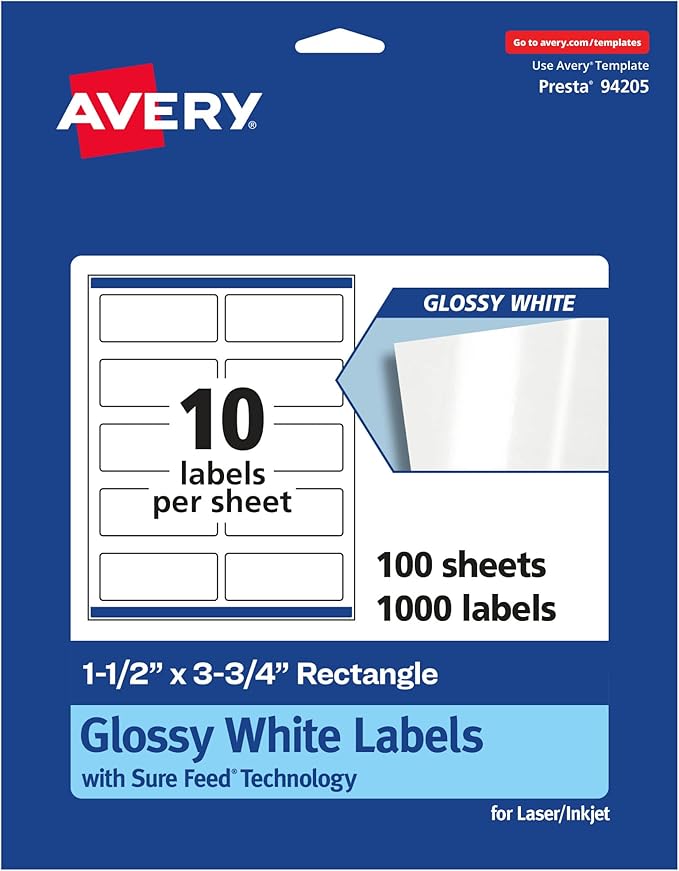 Avery Glossy White Rectangle Labels, Sure Feed Technology, 1.5" x 3.75", 1,000 Glossy White Labels, Print-to-The-Edge, Permanent Adhesive, Laser/Inkjet Printable