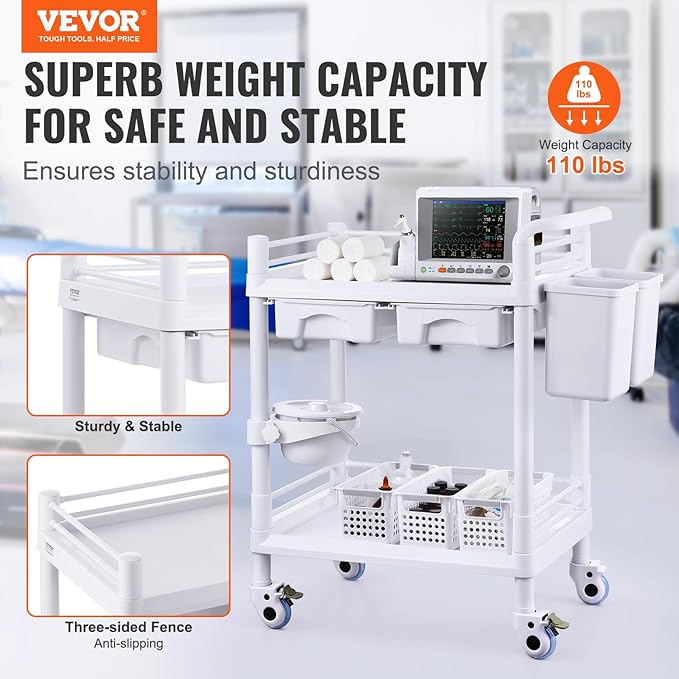 VEVOR Medical Mobile Trolley Cart with 2 Drawers & 3 Trash Cans, 2 Tiers Beauty Salon Rolling Trolley with 4 Silent Wheels & 2 Dirts Bucket & Bowl, Medical Utility Cart for Hospital Dental Clinic Lab