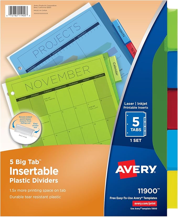 Avery Dividers for 3 Ring Binders, 5-Tab Plastic Binder Dividers, Insertable Big Tabs, Multicolor, 1 Set (11900)