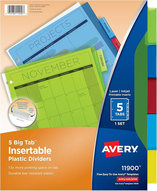 Avery Dividers for 3 Ring Binders, 5-Tab Plastic Binder Dividers, Insertable Big Tabs, Multicolor (24 Sets of 11900)