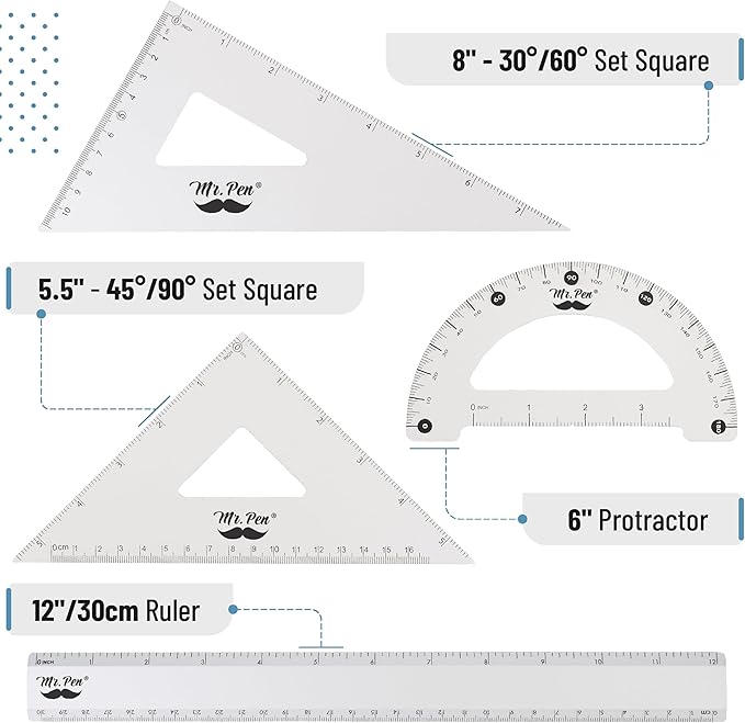 Mr. Pen Metal Geometry Kit - 4Pack Set Square, Protractor, Aluminum Ruler, Drafting Triangles