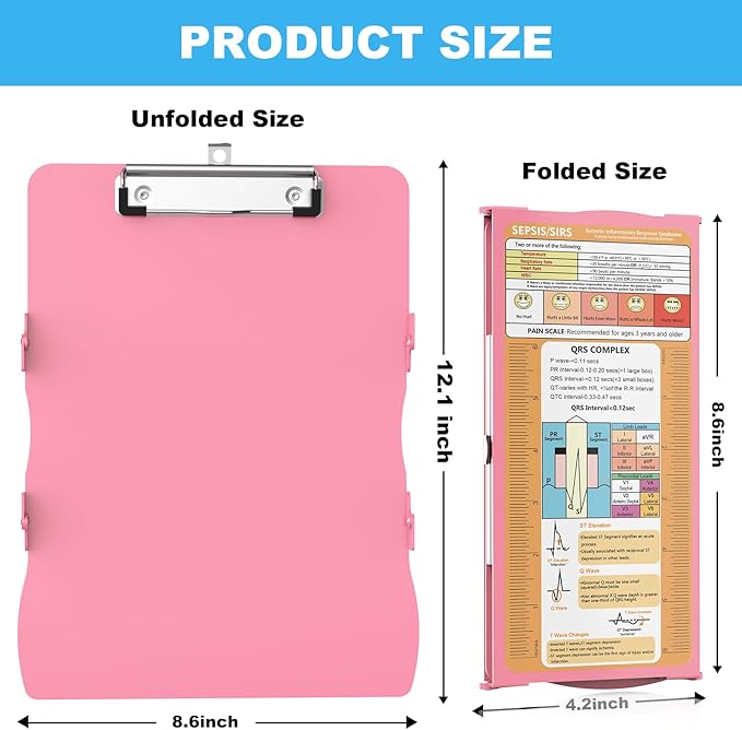 Clipboards Nursing Clipboard Trifold Foldable, 3 Layers Aluminum Nurse Clipboards with Nursing Edition Cheat Sheets Folding Pocket Size for Students, Nurses and Doctors (Pink)