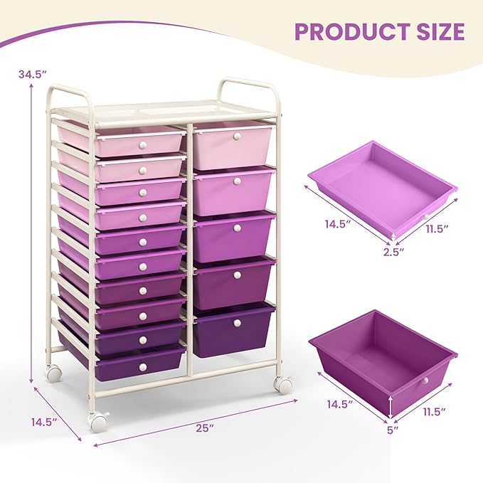 COSTWAY 15 Drawer Rolling Storage Cart, Mobile Utility Cart with Lockable Wheels, Drawers, Multipurpose Organizer Cart for Home, Office, School, Gradient Purple
