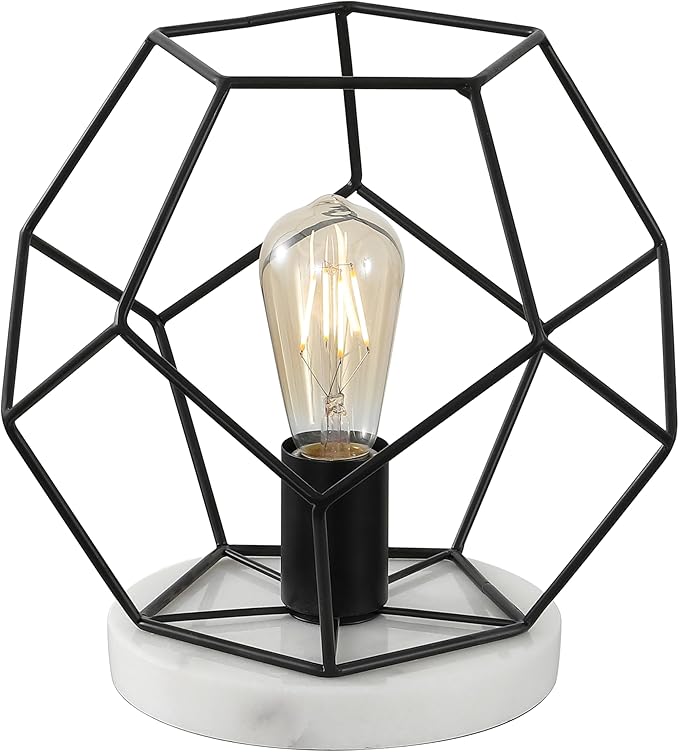JONATHAN Y 10" Black/White Geometric Table Lamp, Midcentury Modern Metal Desk Lamp for Living Room Bedroom, White Marble Base, Glam Bedside Nightstand Light with LED Bulb (JYL1047C)