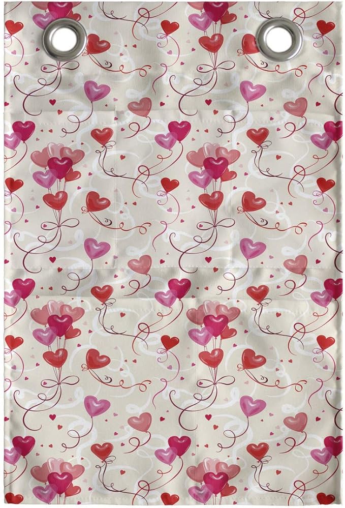 Ambesonne Valentine's Day Hanging Pocket Organizer, Print of Heart Shaped Balloons Flying Up with Mini Hearts, Printed Polyester Storage Bag with Pockets, 14" x 20", Eggshell Vermilion