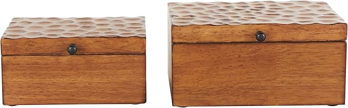 Deco 79 Wood Geometric Decorative Box Textured Concave Honeycomb Storage Decorative Keepsake Boxes with Black Knobs, Set of 2 Storage Boxes 10", 8"W, Brown