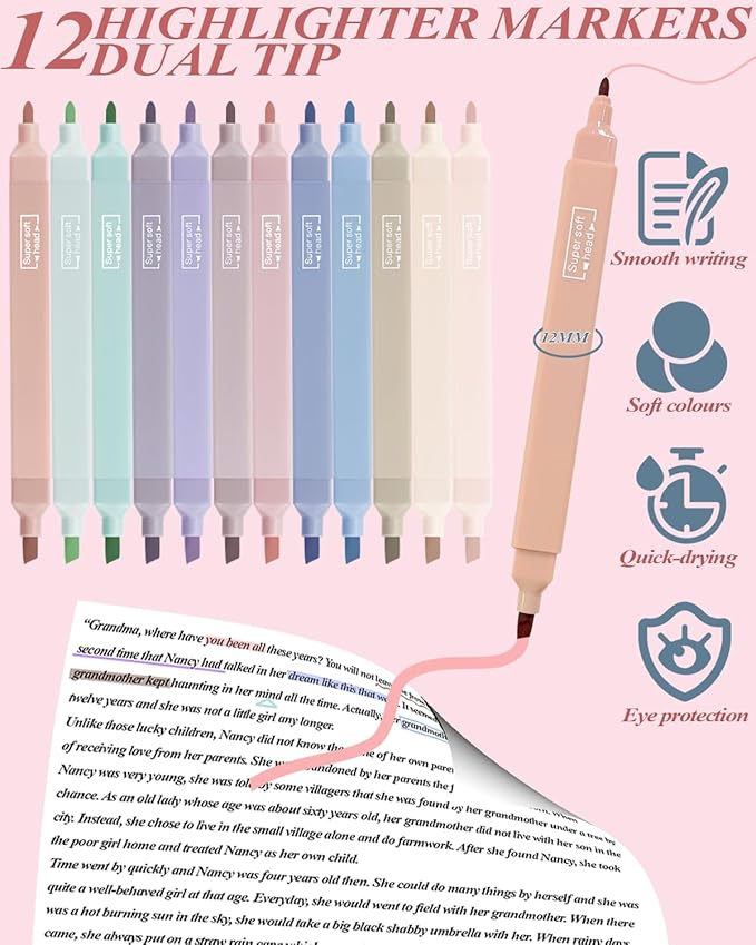54Pcs Aesthetic School Supplies Set with Large Pastel Pencil Case 12 Dual Tip Highlighters, 6 Gel Pens, 5 Black Pens, 5 Mechanical Pencils (0.5-2.0mm) for Students Stationary College Essentials Gifts