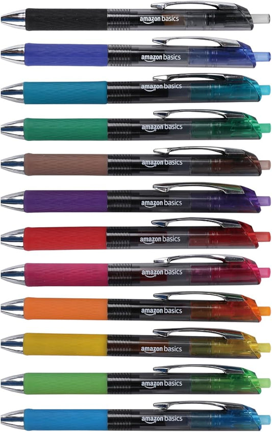 Amazon Basics Retractable Gel Pens, Fine Point 0.7mm, Smooth Writing, Assorted Colors, 12-Pack