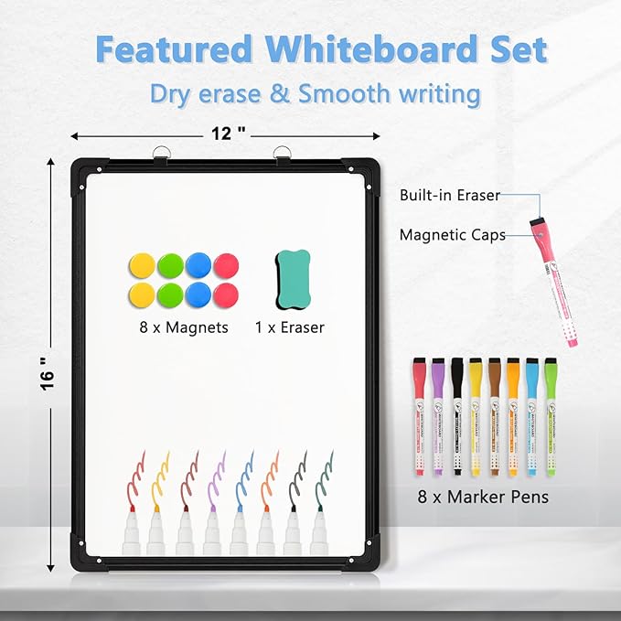Double-Sided White Board, 12" x 16" Dry Erase Board Small Whiteboard for Wall Black Frame Portable Magnetic Hanging White Board Dry Erase for College Dorm Room, School, Home, Office