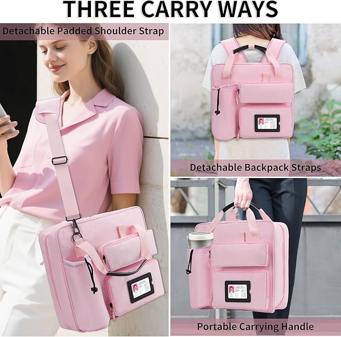 Zipper Binder 3 Ring 3-inch with Shoulder Strap & Backpack Straps, 700 Sheets Capacity Multiple Pockets Large Zip Up Binder File Folder Bag Fits 13 Inch Laptop, Pink