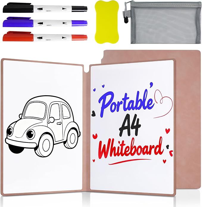 Portable White Board Dry Erase Notebook 12" x 9" (A4), Double Sided Folding Reusable Whiteboard with 3 Markers & 1 Pen Bag, Anti-Ghosting & Anti-Smudg Surface Notebook for Study, Meeting (Pink)