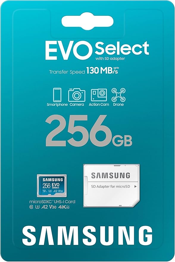 SAMSUNG EVO Select Micro SD-Memory-Card + Adapter, 256GB microSDXC 130MB/s Full HD & 4K UHD, UHS-I, U3, A2, V30, Expanded Storage for Android Smartphones, Tablets, Nintendo-Switch (MB-ME256KA/AM)