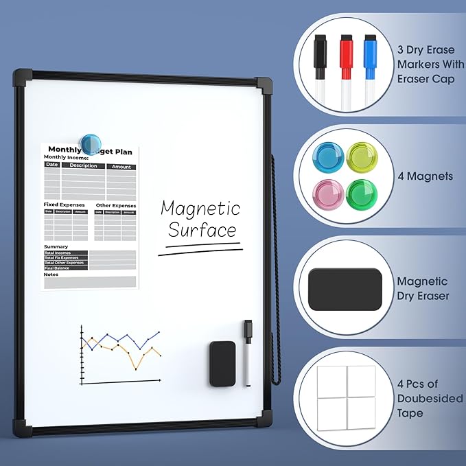 MaxGear Double-Sided Dry Erase Board for Wall, 16"x12" Hanging Whiteboard, Small Dry Erase White Board kit, Portable for Planning, Drawing, Memo, to Do List, Black Frame