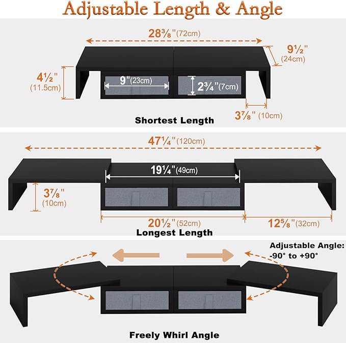 TEAMIX Wood Dual Monitor Stand Riser with Drawers-Length and Angle Adjustable Triple Monitor Stand with Storage Large Computer Riser for 2/3 Monitors/Laptops/PC/Printers