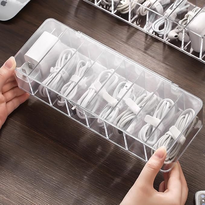 Clear Cable Management Box with Lid, 26x9x5.5cm, Desktop Cord Organizer with Compartments (1, 10.2 x 3.5 x 2.2)