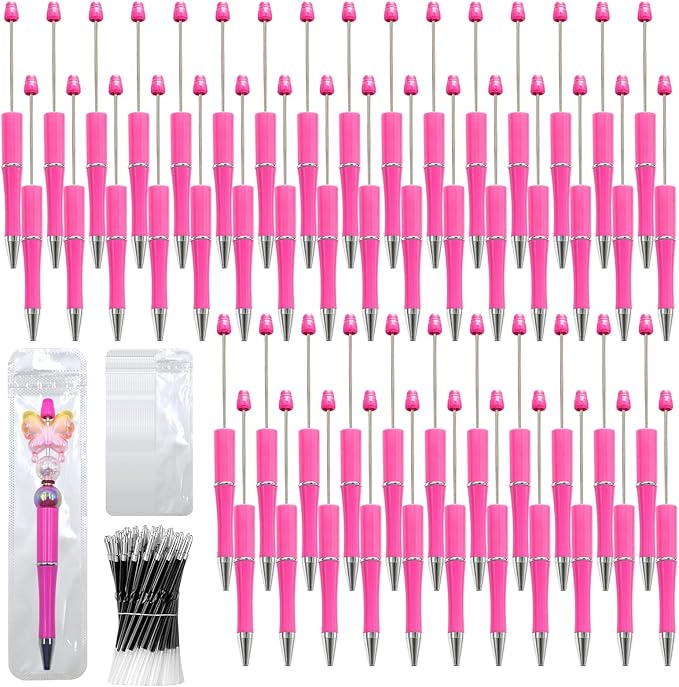 300 Pieces DIY Beadable Pen Kit – 100 Plastic Ballpoint Pens with Refills & Bags – School Supplies, Office Accessories & Decorative Items for Students & Teachers (Rose Red)