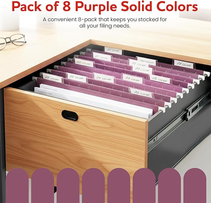 Purple Hanging File Folders – 8 Pack, Letter Size File Organization Folders for Home, Office, School & Filing Cabinets
