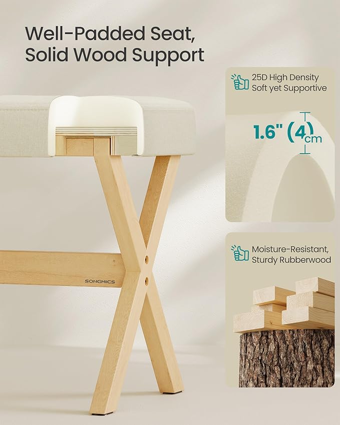 SONGMICS Makeup Stool, Padded Vanity Stool, Foot Rest, Solid Wood X Legs, for Bedroom, Closet, Entryway, 12.6 x 16.5 x 18.1 Inches, Summer Sand and Natural Beige ULSF006LF02
