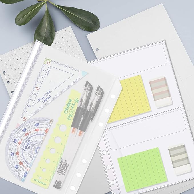 Binder Pockets, 12pcs A5 Size 6 Holes Binder Pockets, [Waterproof PVC Pouch] Premium Clear Binder Zipper Folders Document Filing Bags for 6-Ring Notebook Binder Loose Leaf Bags,-Clear