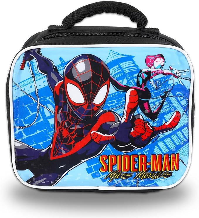 Spiderman Backpack with Lunch Box Set - Bundle of 16” Miles Morales Backpack, Lunch Bag, Water Bottle, Stickers, More | Spiderverse School Supplies