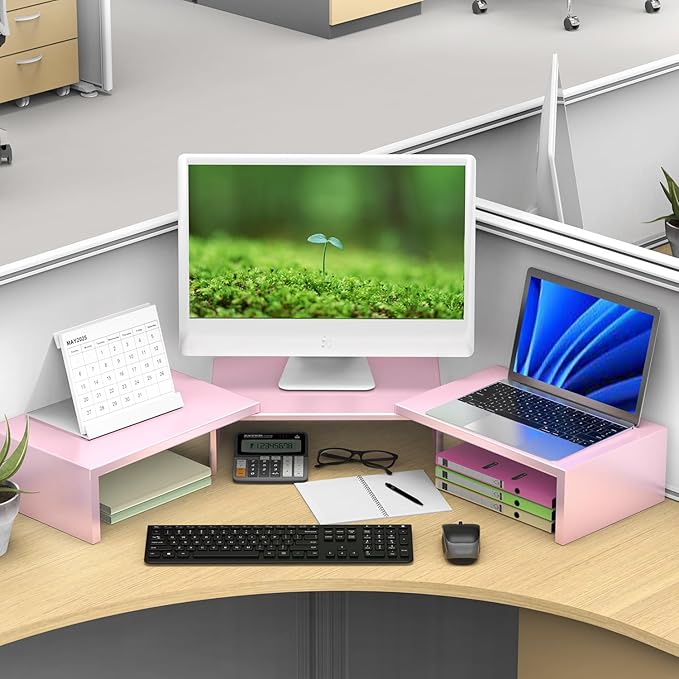 Dual Monitor Stand for Desk, Metal Monitor Riser, Pink office Supplies and Accessories (Pink)