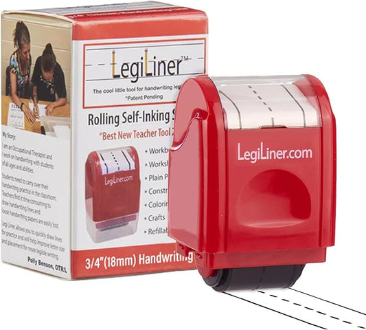 LEGILINER 3/4" Dashed Handwriting Line (RED) Teacher Stamp – Tri-Line Dashed Pattern. Classroom & Home Use. Refillable Ink Writing Practice Roller Stamp.