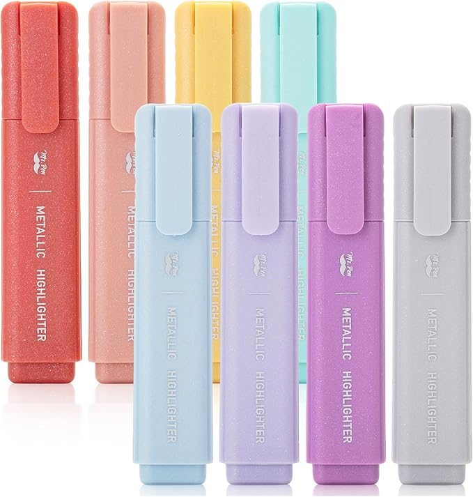Mr. Pen- Glitter Highlighters, 8Pack, Metallic Colors, Chisel Tip Aesthetic Highlighters, Cute Markers