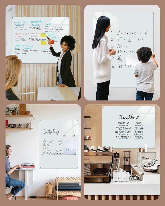 Mifuro Magnetic Glass Whiteboard，60"x48" Wall Mounted Frameless Dry Erase Board for Office, Home & School White