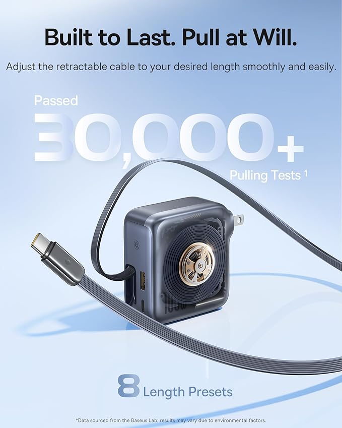 Baseus Enercore 100W USB C Charger with Retractable Built-in Cable, 3-Port Foldable Plug PD Fast Charging Wall Adapter for MacBook Pro/Air, iPad, iPhone 17, Galaxy S25, Pixel, Steam Deck, ROG Ally