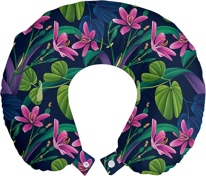 Ambesonne Exotic Travel Pillow Neck Rest, Flourishing Nature Themed Pattern Inspired by Brazilian Rainforests Summer Nature, Memory Foam Traveling Accessory for Airplane and Car, 12", Pink Green