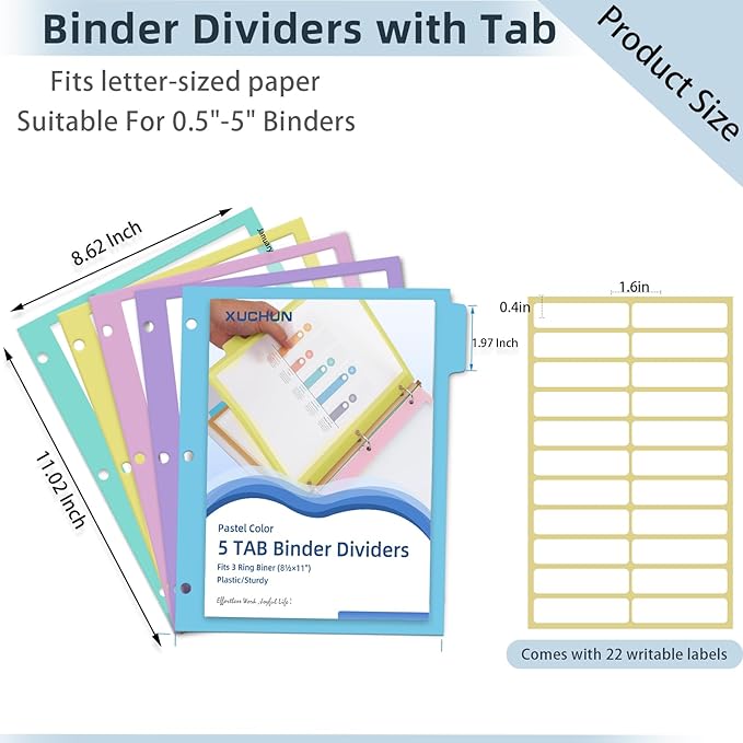 XUCHUN Binder Dividers,5 Tab Dividers Clear Plastic Subject dividers with Tab,for 3 Ring Binder,Customizable Labels, Multicolor, Durable & Tear-Resistant