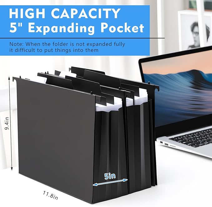 5 Pcs Plastic Extra Capacity Hanging File Folders, 5 Inch Expanding Pocket with Movable Dividers, Letter Size Black File Folders with Insertable Tabs for Filing Cabinet