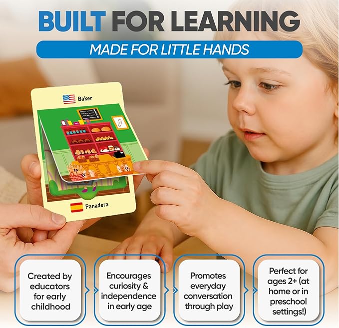 Kidrox Career & Professions Flash Cards, English Learning Cards with Spanish Translations, Interactive Open & Cover, 30 Pack