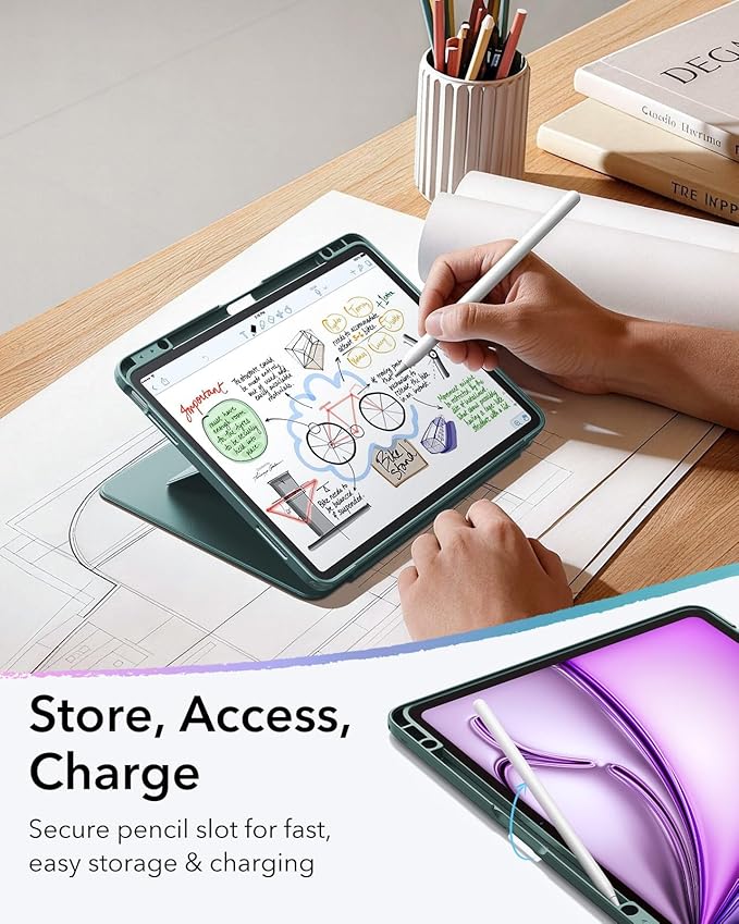 ESR for iPad Air 13 Inch Case M4/M3/M2 (2026/2025/2024), Vertical Stand Cover, Multi Stand Angles, Ultra-Stable Case with Pencil Holder, Flip Series, Green
