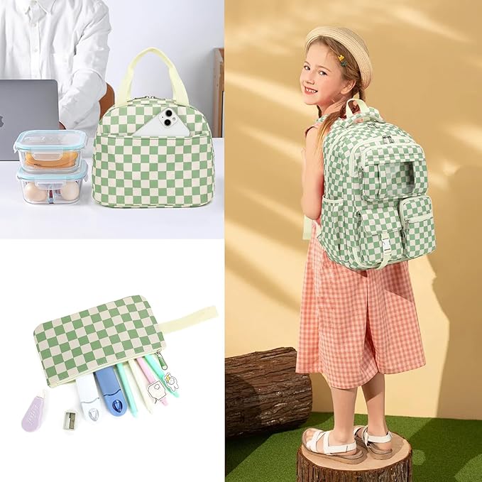 Girls School Backpack Set - Teens Kids School Bag Bookbag with Lunch Box Pencil Case for Elementary Middle School (Checkered Green)