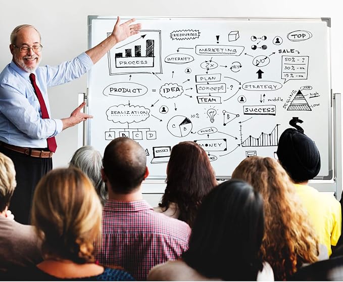 Excello Global Products Large 48"x32" White Board on Wheels: 1 Reversible Magnetic Dry Erase Board with Rolling Stand, 4 Dry Erase Markers, 1 Eraser, 4 Magnets, 1 Marker Tray (White)