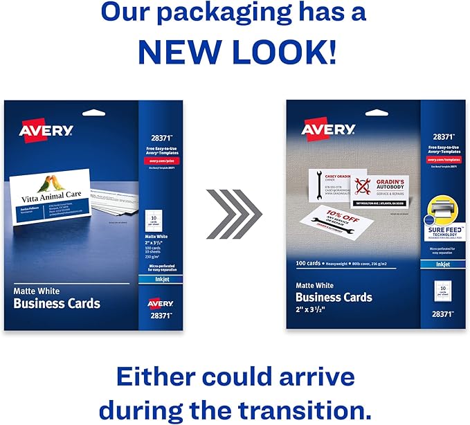Avery Printable Business Cards with Sure Feed Technology, 2" x 3.5", White, 100 Blank Business Cards, Inkjet Printer Paper (28371)