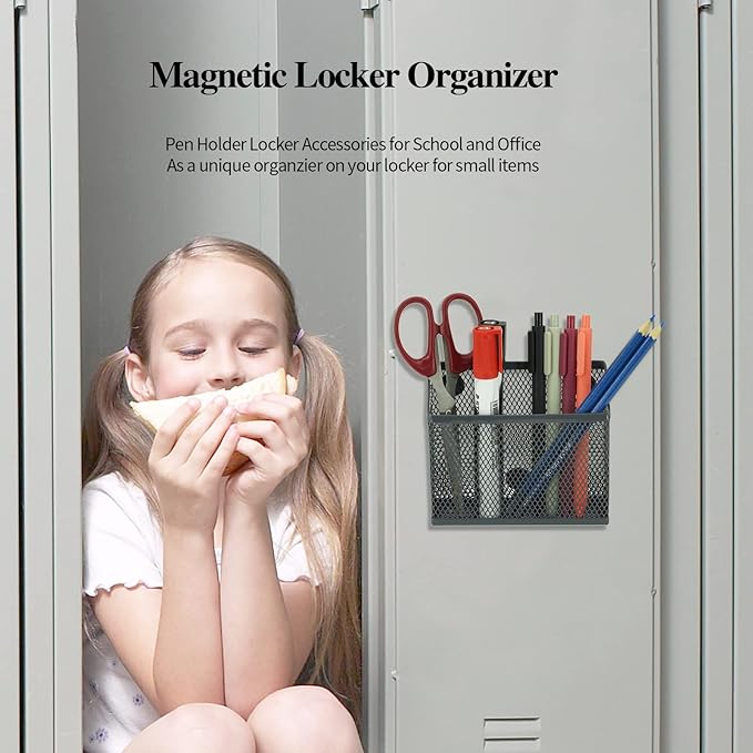 Neudeco Locker Accessories and Decor Kit, Including Mesh Shelf, Organizer, Magnetic Basket and Pen Holder, Suitable for School, Work, Kitchen, Bathroom, (Pack of 4, Grey)
