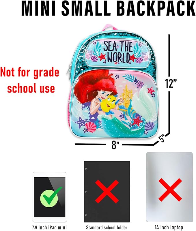 Disney Little Mermaid Mini Backpack with Lunch Bag - Bundle of 12” Ariel Mini Backpack Purse, Lunch Box, Stickers, Water Bottle, More School Supplies