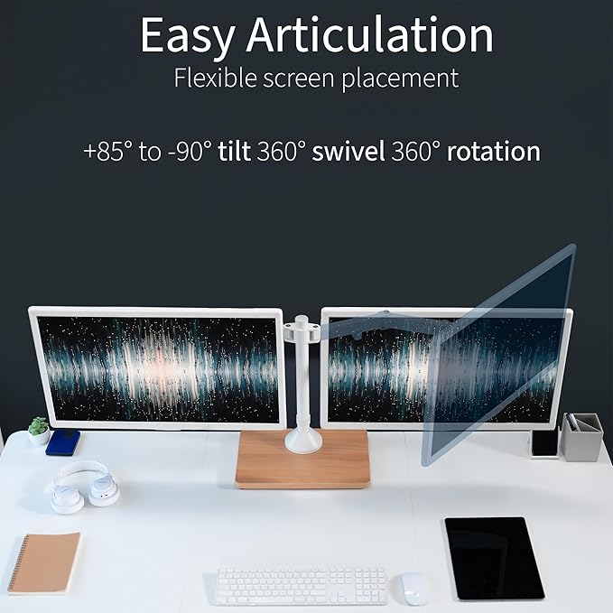 VIVO Freestanding Dual Monitor Stand with Solid Wood Base and Adjustable Arms, Mounts 2 Screens up to 32 inch and 22 lbs Each, White, STAND-V002FD-W