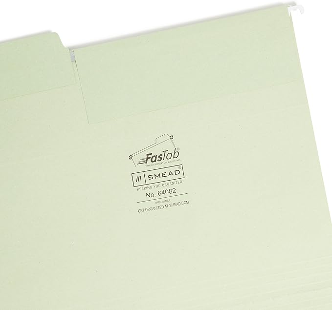 Smead FasTab Hanging File Folder, 1/3-Cut Built-in Tab, Letter Size, Moss, 20 Count (64082)
