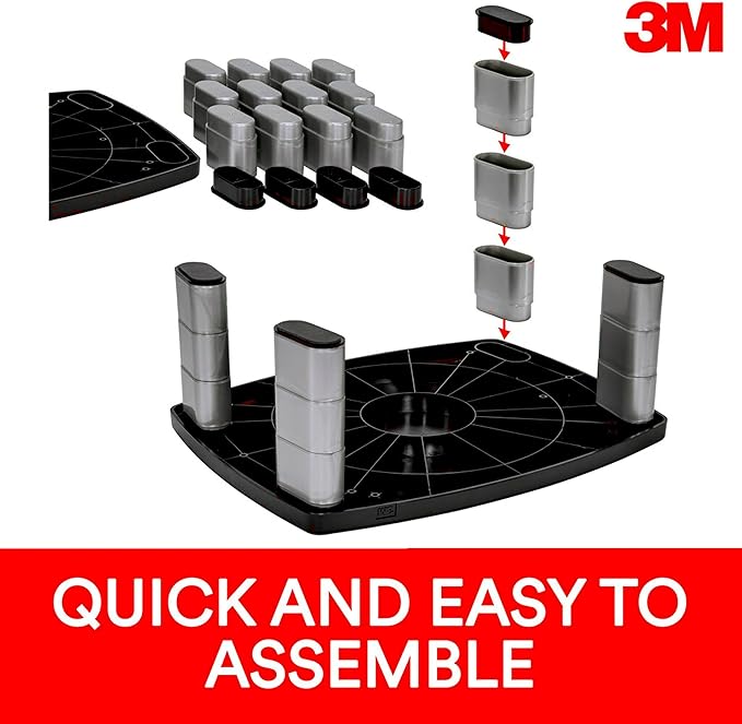 3M Adjustable Monitor Stand, Three Leg Segments Simply Adjust Height from 1" to 5 7/8", Sturdy Platform Holds Up to 80 lbs, 11-inch Space Between Columns for Storage, Silver/Black (MS80B)