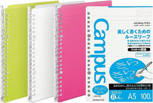 Kokuyo Campus 3 Pack Spiral Binder Notebooks, A5 Refillable Notebooks Smart Ring Binder 25 Sheets Capacity Each, with 100 Sheets 6mm Dot Ruled Filler Paper, Ideal for Work, Study & Journal,Vivid Color