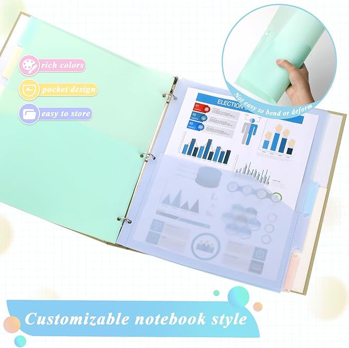 5 Sets 5 Tab Binder Dividers with Pockets for 3 Ring Plastic Binders 8.5 x 11 Inches 3 Hole Punched Page Divider Sturdy Colorful Dividers for Office School Business Home Organizer (Pastel Color)