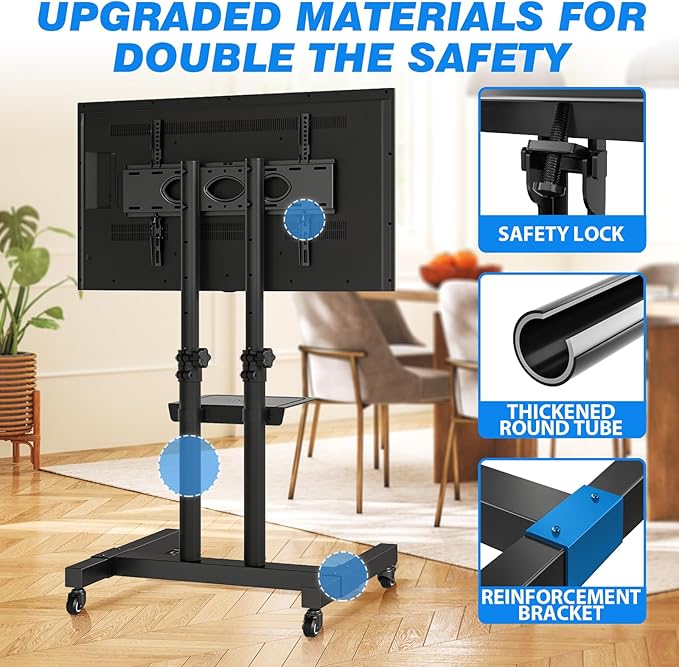 Rfiver Mobile TV Cart Rolling TV Stand for 32-83 Inch Screens up to 110lbs, Portable TV Stand on Wheels with Height Adjustable Shelf, Outdoor TV Stands Mount for Home Office MAX VESA 600x400mm, Black
