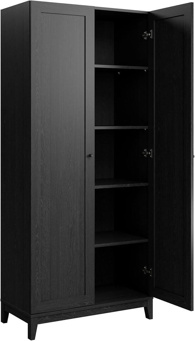 Prepac Yaletown 72" Tall Storage Cabinet with Wood Legs, Pantry Cabinet with 3 Adjustable Shelves, Bathroom, Kitchen and Home Organization in Black Oak, 16" D x 32" W x 72" H