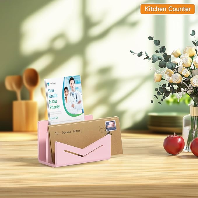 Beego Envelope and Mail Organizer Countertop - 2 Compartments Pink Acrylic Desk Organizer Letter Holder Desktop File Sorter Bill Document Folder Rack for Office, Home, School Desk Organization