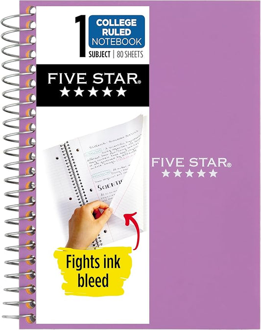 Five Star Spiral Notebook, 1 Subject, College Ruled Paper, 4-3/8" x 7", Personal Size, 80 Sheets, Fights Ink Bleed, Water Resistant Cover, Amethyst Purple (450048CF1-ECM)